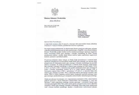 Odpowiedź Pani Minister Anny Moskwy – Minister Klimatu i Środowiska w sprawie pisma KSCiS